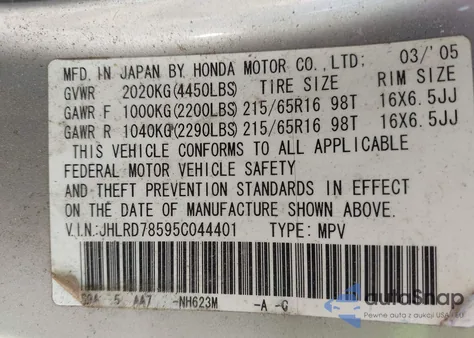 2005 Honda Cr-V Lx from USA, damaged, VIN JHLRD78595C044401